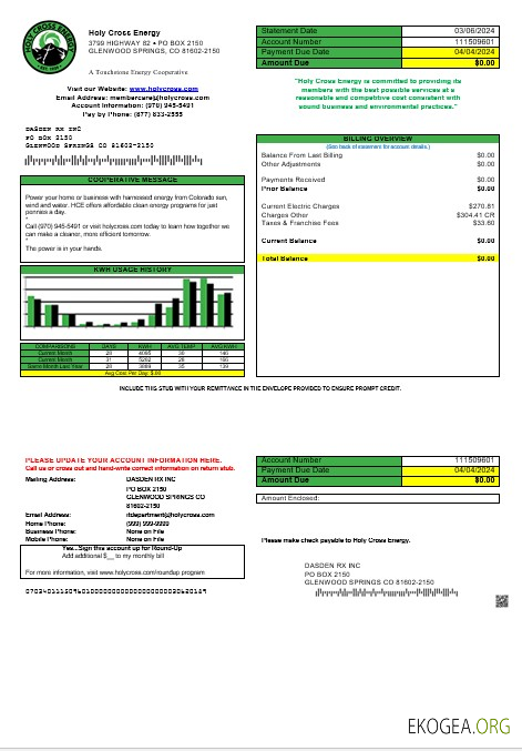 Modèle de facture de services publics d'entreprise USA Colorado Holy Cross Energy aux formats Word et PDF